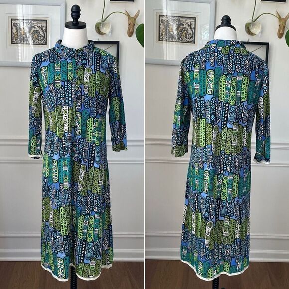 Vintage 70s Landmark Retro Abstract Print Shift Dress M L - Picture 1 of 11